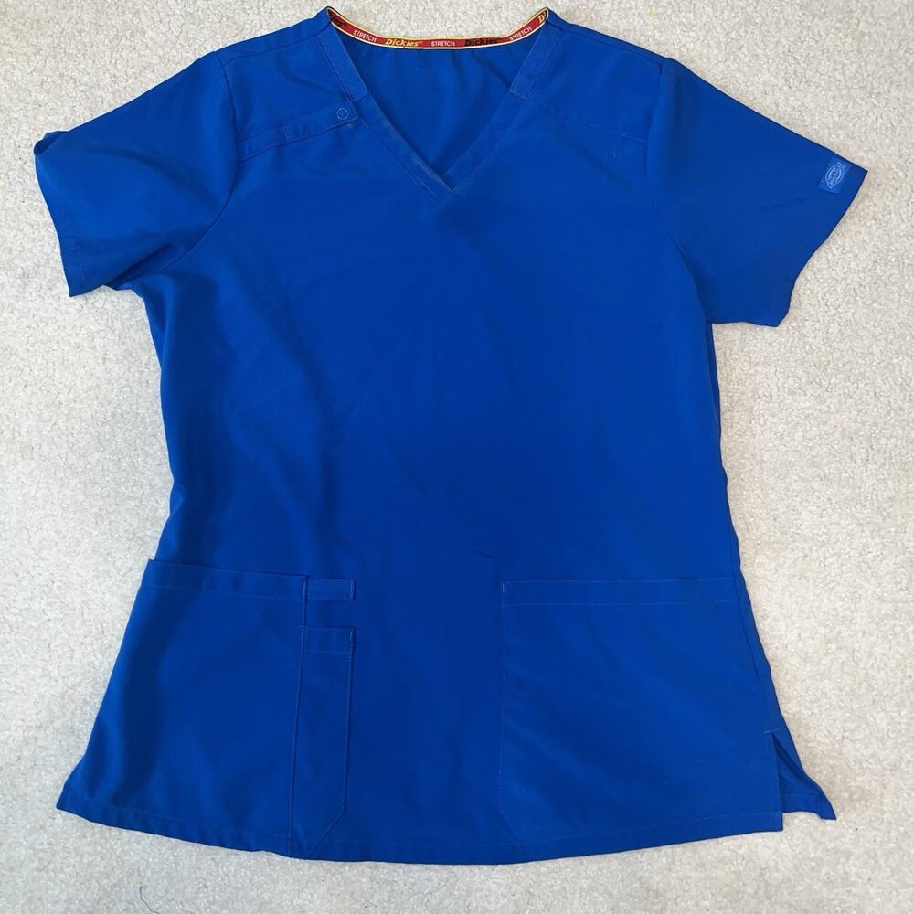 Dickies Stretch Scrub Top Royal Blue Medium V Neck EDS Medical Uniform Womens